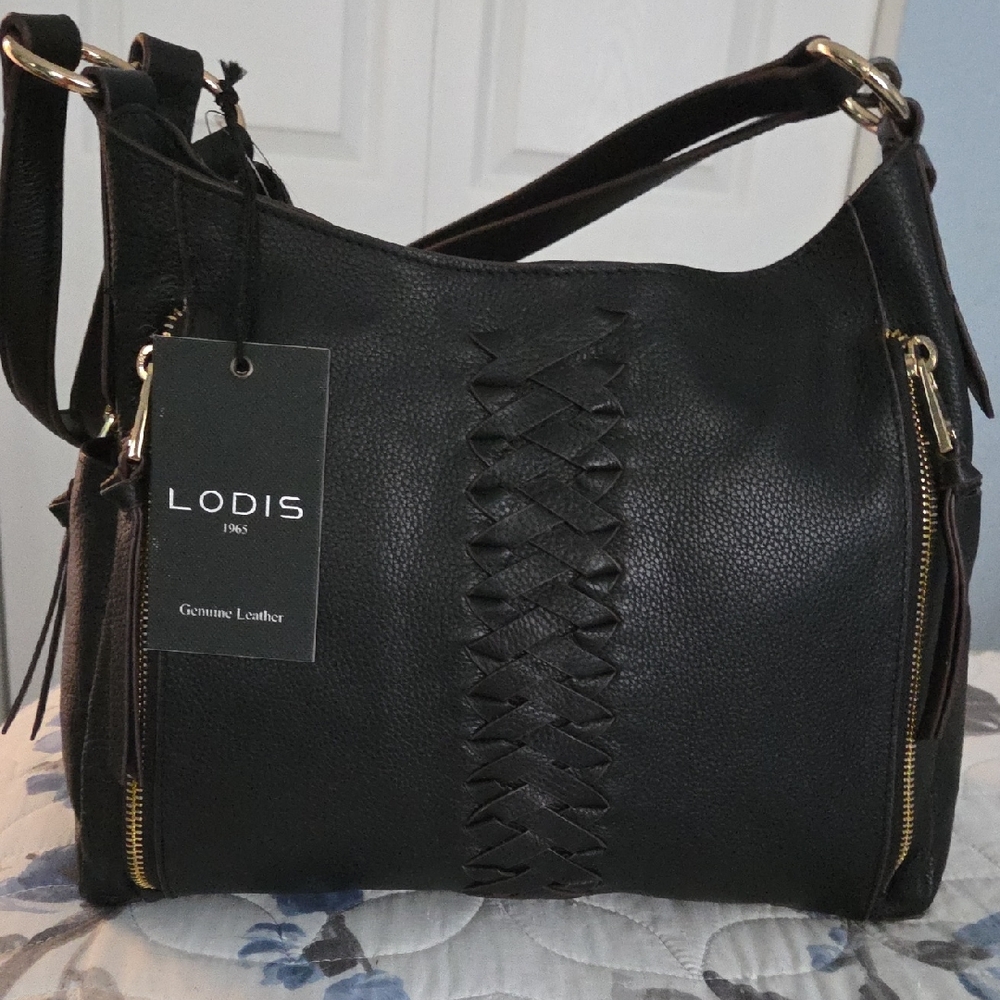 Lodis Black Leather Shoulder Hobo with Braided Front